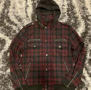 Semantic Design Red Plaid Wool Blend Military Style Jacket with Removable Hood